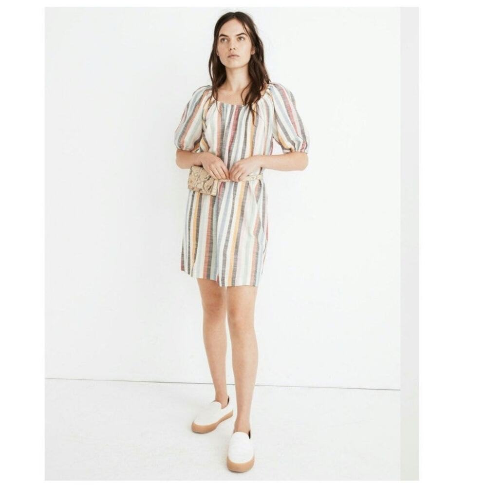 Madewell Puff-Sleeve Trapeze Mini Swing Dress in Rainbow Stripe Womens Medium